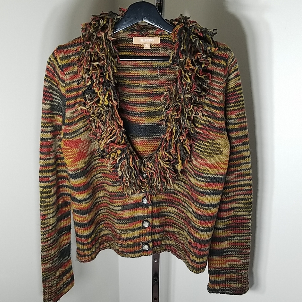 Vintage Ellen Tracy Fringed Animal Print Sweater/Jacket Size  L - Picture 2 of 4